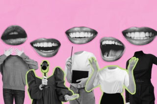 Verschiedene junge Menschen haben großen Mund statt Kopf, stehen vor pinkem Hintergrund