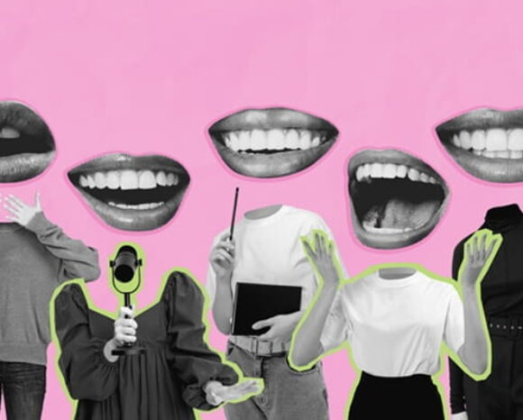 Verschiedene junge Menschen haben großen Mund statt Kopf, stehen vor pinkem Hintergrund