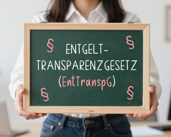 Frau mit Kreidetafel und der Aufschrift "Entgelttransparenzgesetz (EntTranspG)"