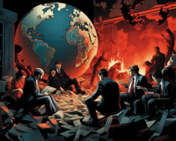 Krise, Geschäftsmänner sitzen in brennenden Trümmerteilen neben untergehender Erdkugel