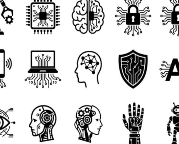 Icons zu KI/AI in schwarz auf weißem Hintergrund