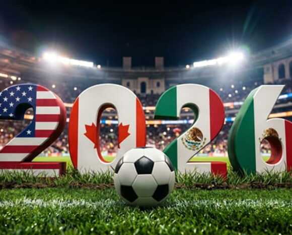 Fußball-WM 2026 in den Farben der USA, Mexiko und Kanada