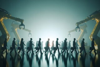 Kräne heben Mitarbeiter hoch, symbolisieren Automatisierung