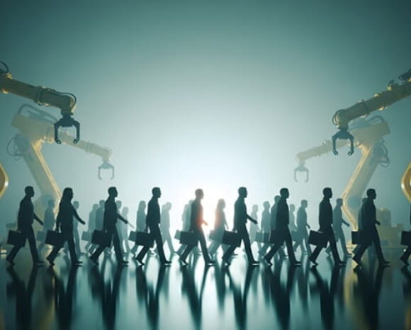 Kräne heben Mitarbeiter hoch, symbolisieren Automatisierung