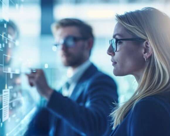 Eine Top-Managerin und ein Top-Manager schauen auf ein visuelles Board