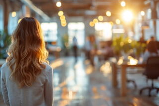 Frau schaut in sonnendurchflutetes Büro, auf den Jobeinstieg nach dem Studium