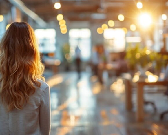 Frau schaut in sonnendurchflutetes Büro, auf den Jobeinstieg nach dem Studium