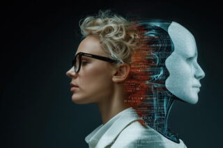 Menschlicher Frauenkopf neben KI-Roboter-Kopf