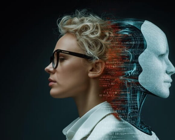 Menschlicher Frauenkopf neben KI-Roboter-Kopf