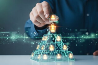 KI und Talentmanagement: Mann hebt Würfel mit Personenbüste auf einen digitalen Turm