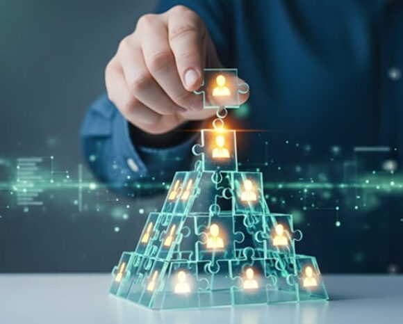 KI und Talentmanagement: Mann hebt Würfel mit Personenbüste auf einen digitalen Turm
