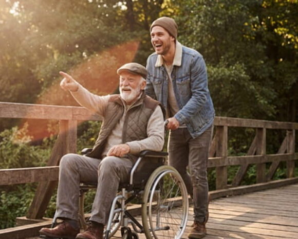 Mann schiebt seinen Vater im Rollstuhl durch die Herbstlandschaft