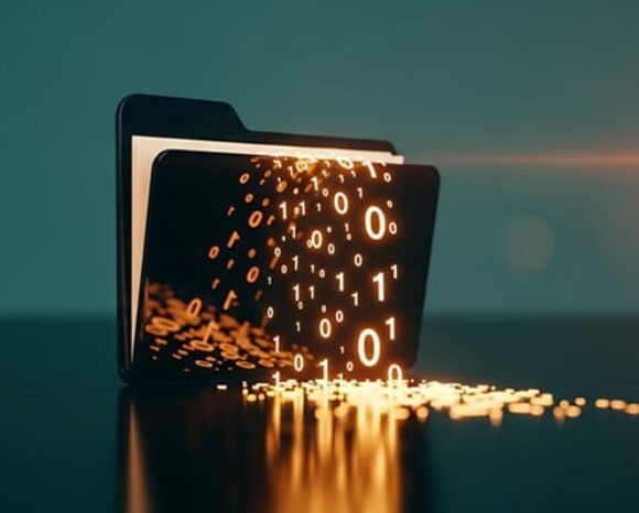 Zahlen in goldener Farbe fließen aus einer digitalen Akte