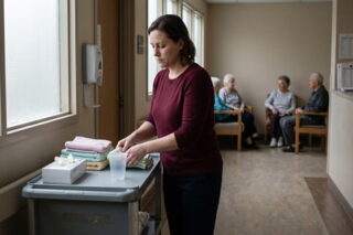 Internationale Pflegekraft, die einsam ihre Arbeit erledigt