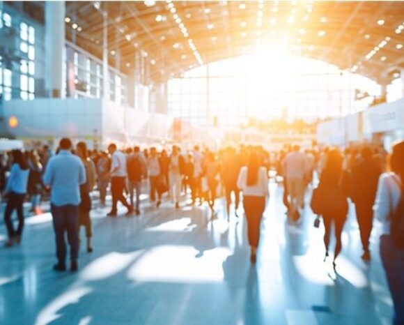 Blick in eine Messehalle mit vielen Besuchern im Sonnenschein