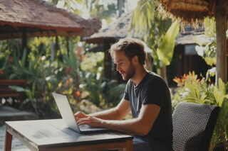 Mann arbeitet am Laptop während Workation im Paradies