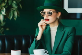 Spionin sitzt im Café und belauscht andere Gäste