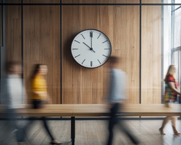 Zeitliche Wahrnehmung: Menschen rennen an Uhr vorbei