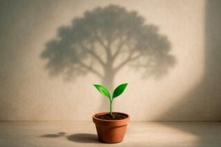 Zartes Pflänzchen wächst aus Blumentopf, wirft einen großen Baum als Schatten
