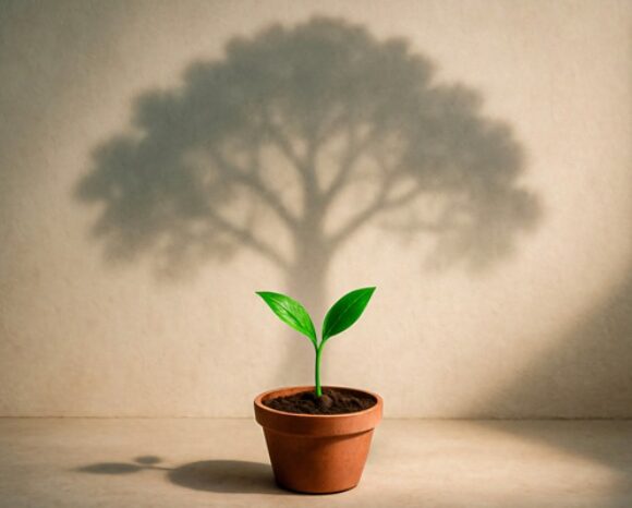 Zartes Pflänzchen wächst aus Blumentopf, wirft einen großen Baum als Schatten