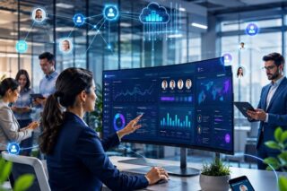 Frau arbeitet am Schreibtisch zu HR-Analytics, auf dem Bildschirm sind verschiedene Modelle zu sehen