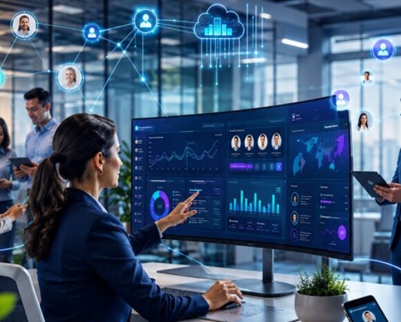 Frau arbeitet am Schreibtisch zu HR-Analytics, auf dem Bildschirm sind verschiedene Modelle zu sehen