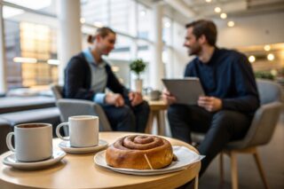 Mann und Frau sitzen im Büro in Finnland, vor ihnen finnisches Gebäck und Kaffee