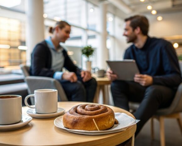 Mann und Frau sitzen im Büro in Finnland, vor ihnen finnisches Gebäck und Kaffee