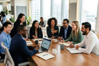 Interne und externe Mitarbeiter zusammen in einem Team, sitzen am Tisch