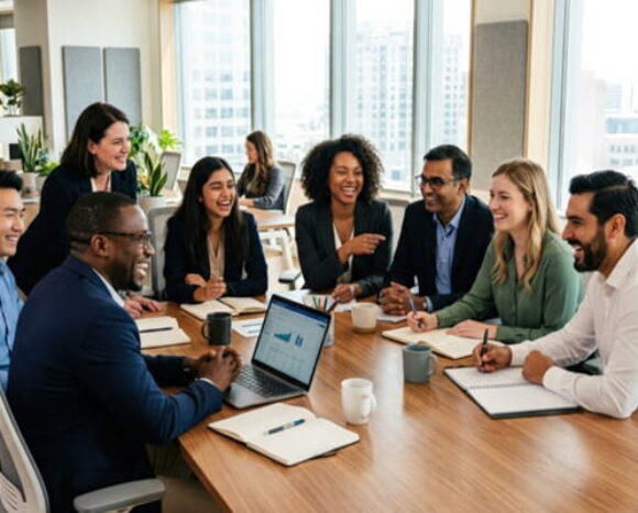 Interne und externe Mitarbeiter zusammen in einem Team, sitzen am Tisch