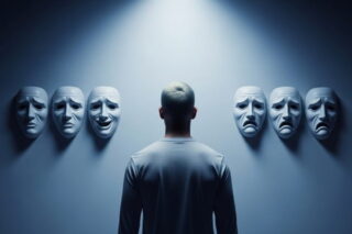 Mann steht vor einer Wand mit traurigen Masken
