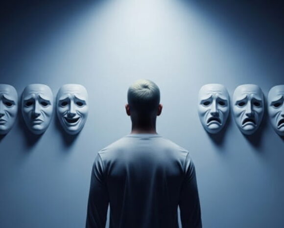 Mann steht vor einer Wand mit traurigen Masken