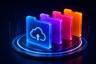 Digitale Akten in verschiedenen Farben, mit einem Upload-Zeichen